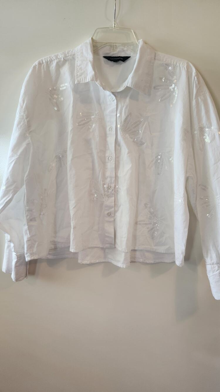 Calligraphie Women White Sequin Cotton Collar Shirt Long Sleeve Button Up #237